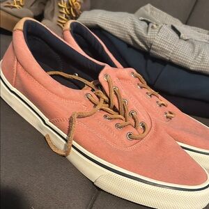 Sperry Coral Canvas Boat Sneakers with Tan Laces
